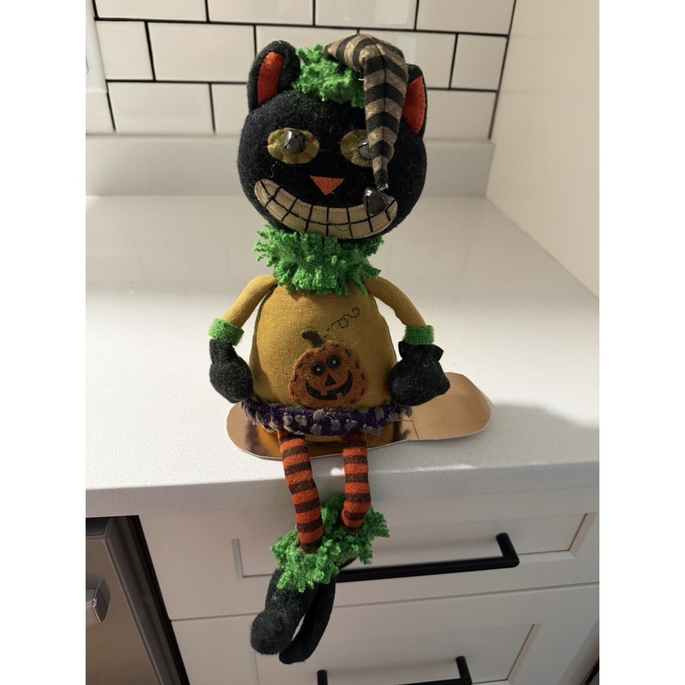 Whimsy/Primitive Cat Doll Folk Art Black Halloween Cat Decor Shelf Sitter